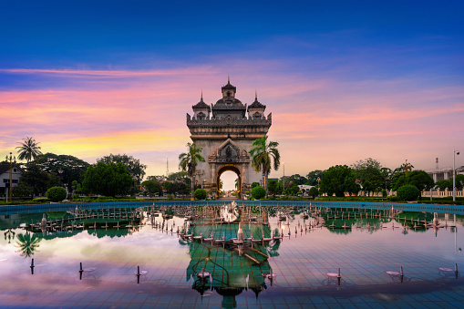 Patuxai (Patuxay) at twilight in Vientiane, Laos.