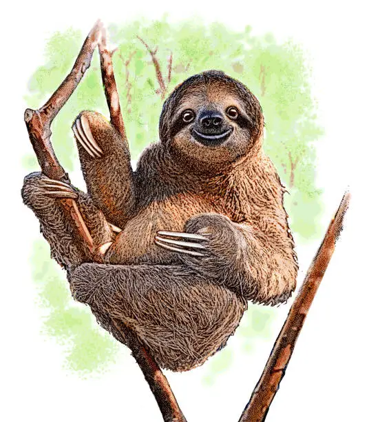 Vector illustration of Happy Sloth resting in tree