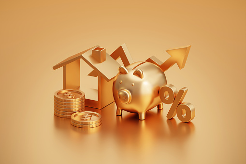 Gold real estate house investment property business on golden finance sale 3d background with arrow graph home financial savings coin bank or residential buy market price and loan mortgage tax money.