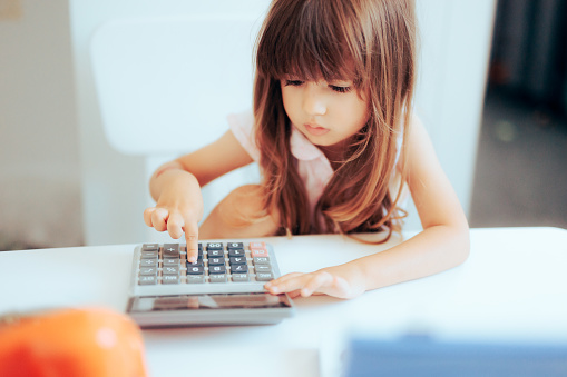 Smart toddler child learning about finances and math