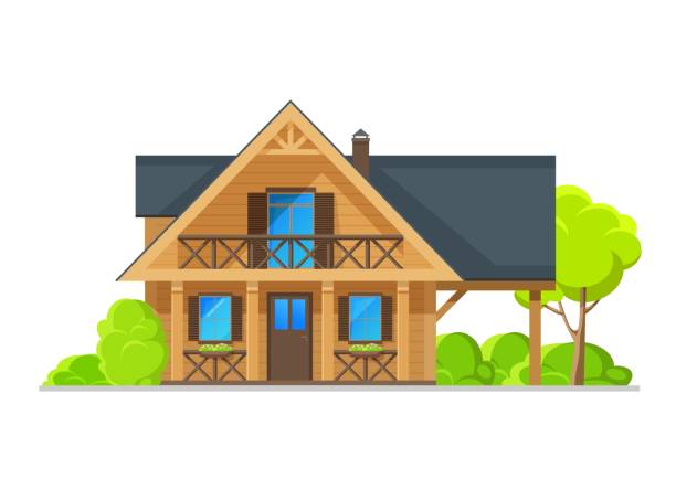 ilustrações de stock, clip art, desenhos animados e ícones de two story residential house with wood plank facade - casas de madeira modernas