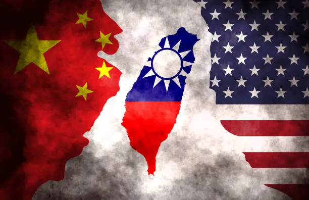 The two sides clashed with missiles. trade war. Flag of the People's Republic of China. Flag of the United States. Taiwan flag
