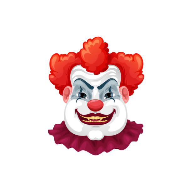 Clown spooky creature with angry face expression Clown spooky creature with angry face expression and red wing isolated scary cartoon character. Vector circus monster, evil clown with sharp teeth and fangs, Halloween holiday creepy monster scary clown mouth stock illustrations