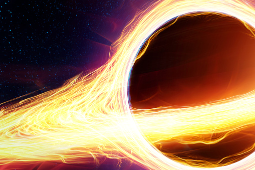A black hole with an accretion disk against the background of the Milky Way, a supermassive singularity. Space, science, galactic nucleus, death of a star, glowing plasma. 3D illustration, 3D render