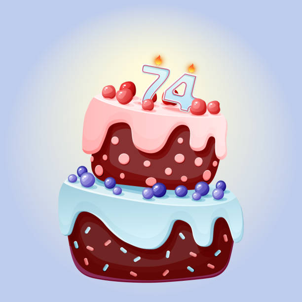 istock Seventy four years birthday cake with candles number 74. Cute cartoon festive vector image. Chocolate biscuit with berries, cherries and blueberries. Happy Birthday illustration for parties 1412788934
