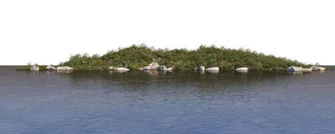 An island with grass and rocks on a white background.