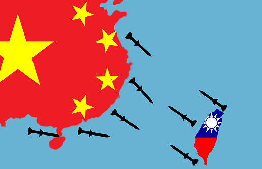 The two sides clashed with missiles. National flag of the People's Republic of China. Taiwan flag