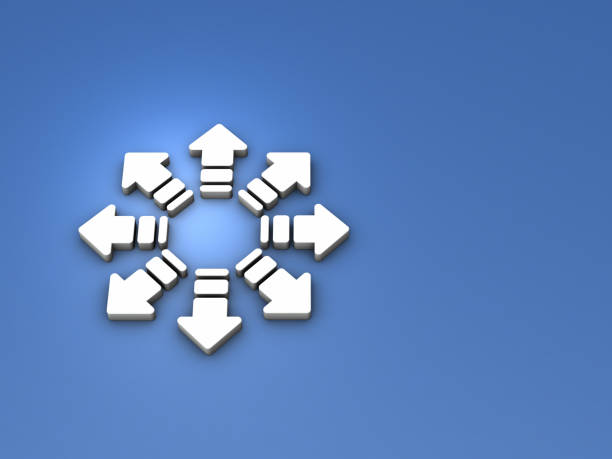 istock White arrows pointing outward in eight directions. Abstract concept representing future possibilities and choices. cool blue background. 3D rendering. 1412790121