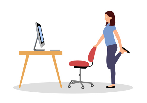 Businesswoman doing exercise in office concept vector illustration. Office syndrome prevention. Stretching exercise.