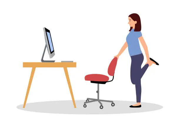 Vector illustration of Businesswoman doing exercise in office concept vector illustration. Office syndrome prevention. Stretching exercise.