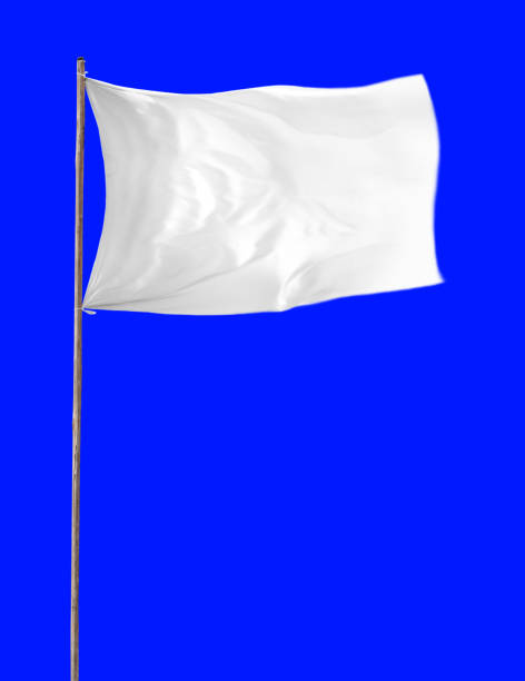 Blank waving white flag at flagpole over blue background stock photo