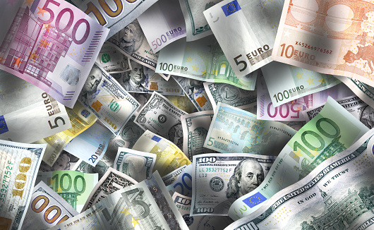 European Union and American currencies background