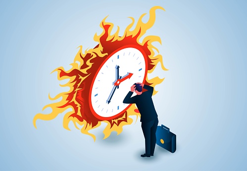 Isometric desperate businessman standing in front of burning clock with head in hands, late for time out, missed opportunity, deadline, urgent time