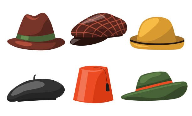 만화 스타일의 패션 남성 모자의 다양한 스타일의 세트 - beret stock illustrations