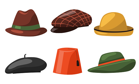 Collection of various  style of fashion male hat in cartoon style, vector illustration