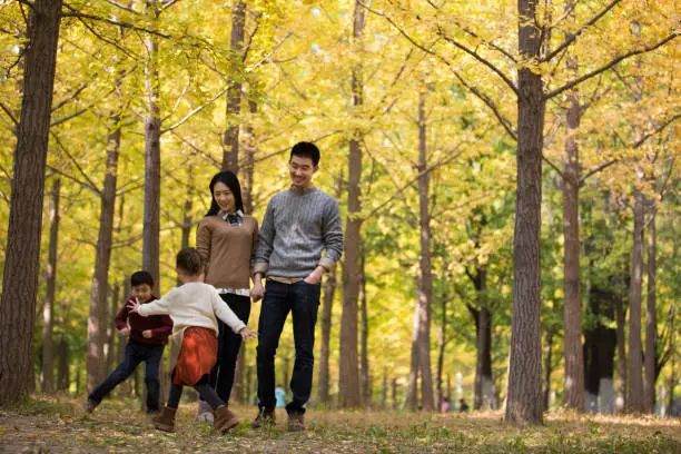 Photo of Young couple walking hand in hand in the forest in autumn, their children chasing and playing next to them - stock photo