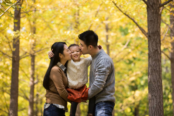 A little girl being picked up and kissed on the cheek by her parents together in the autumn forest - stock photo stock photo