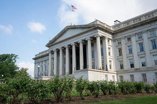 Washington, DC, USA - June 24, 2022: Exterior view of the The United States Treasury Building in Washington, DC, which serves as the Treasury Department headquarters.