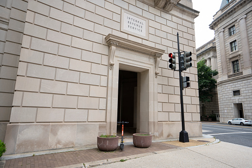 Washington, DC, USA - June 21, 2022: The Internal Revenue Service (IRS) Building, located in the center of the Federal Triangle complex in Washington, DC.