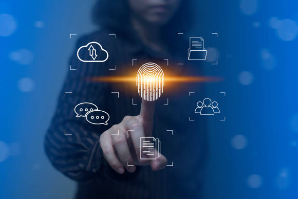 istock Person touching virtual screen to scan fingerprints, digital transformation management concept. Internet of Things, Big Data and Business Processes, Automation, Storage Systems, Cloud Computing 1412799326