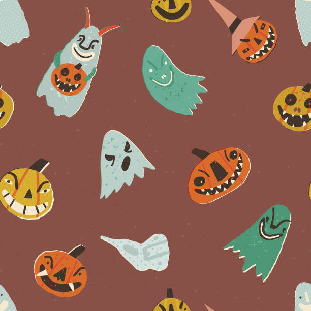 illustrations, cliparts, dessins animés et icônes de motif sans couture vectoriel rétro d’halloween. des jack-o-lanterns effrayants, en chapeau de sorcière avec des sourires et des crocs effrayants, un fantôme effrayant avec des cornes tenant une citrouille avec des yeux brûlants, des esprits fantômes - halloween pumpkin jack olantern industry