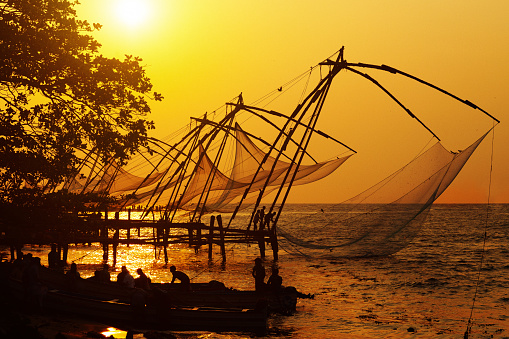 The fishermen's harbour in Fort Kochin, Kerala, India.