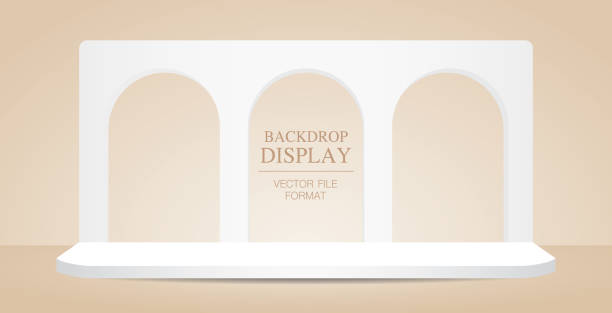 illustrazioni stock, clip art, cartoni animati e icone di tendenza di display minimale bianco a tre archi con fondale - window arch white indoors