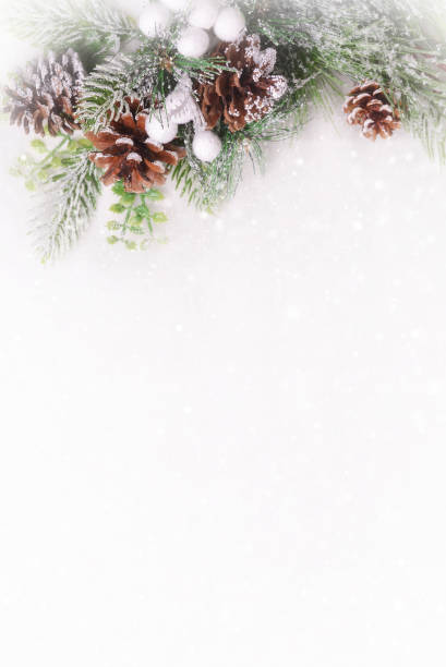 istock Christmas New Year background with christmas tree, pinecone, berries and snow on a white background. Copy space for your text. Flat lay.Vertical photography 1412804325