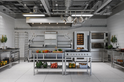 Commercial Kitchen With Kitchen Utensils, Equipment And Food Products