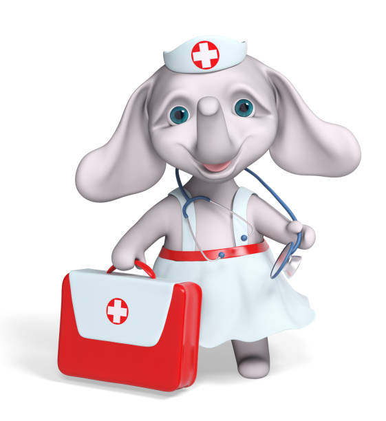 istock Nurse elephant holding first aid kit character 3d rendering 1412806494