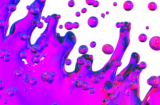 Purple wave or flow splash, pouring drink or paint, abstract liquid background, juice splash, isolated, 3d rendering