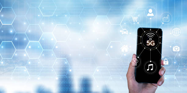 istock Business network communication concept. 5G Network Internet Mobile Wireless. 5g internet connects all activities in your hands shopping, finance, travel, location, contact, etc with copy space banner 1412806823