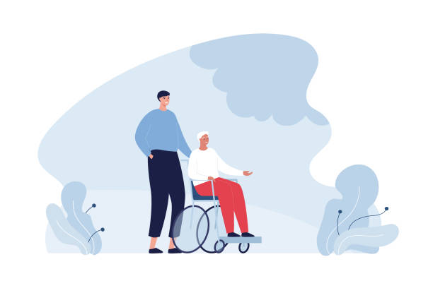 Healthcare volunteering and caregiving concept. Vector flat people illustration. Volunteer help elder woman in wheelchair. Design for hospital care service. vector art illustration