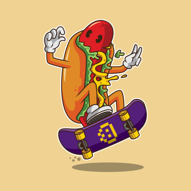 ilustraciones, imágenes clip art, dibujos animados e iconos de stock de ilustración de dibujos animados de skateboarding de perros calientes - skateboarding