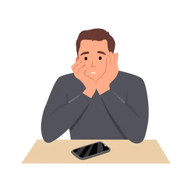 Vector illustration of Young man sitting holding his face with a bored face because there is no activity. Flat vector illustration isolated on white background