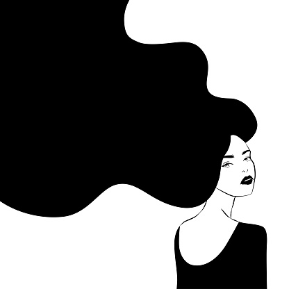Beautiful young girl with developing hair. Make-up and hair care. Beauty salon. Vector illustration of a black silhouette of a girl isolated on a white background for design and web.