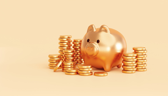Gold piggy bank with gold coin money stacks finance savings investment concept background 3D illustration