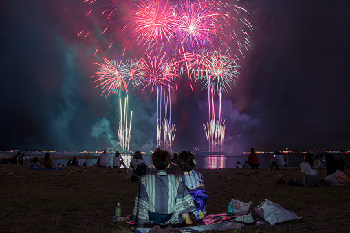The summer Sennan Fireworks Festival in Osaka city is watched by visitors from the seaside.