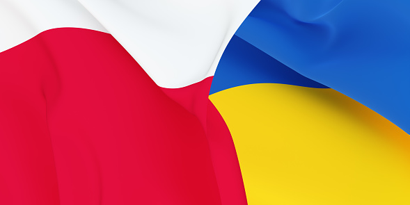 Polish and Ukrainian flags flying in the wind. Poland stand with Ukraine. 3D rendered image.