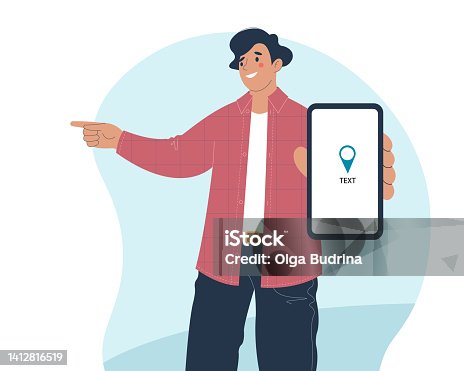istock Cheerful man points direction with his finger. In his other hand he holds smartphone, destination is displayed on screen 1412816519
