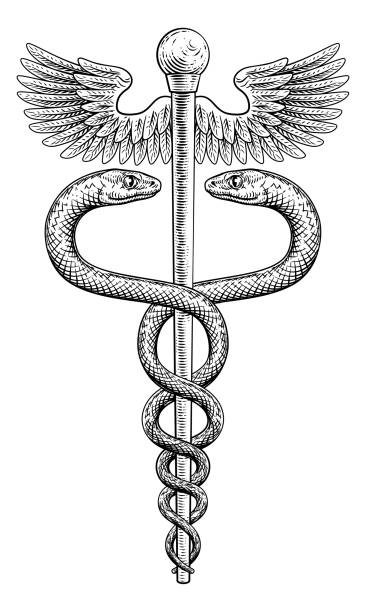 Caduceus Vintage Doctor Medical Snakes Symbol A caduceus doctor medical snakes symbol in a vintage engraved retro style ems logo stock illustrations