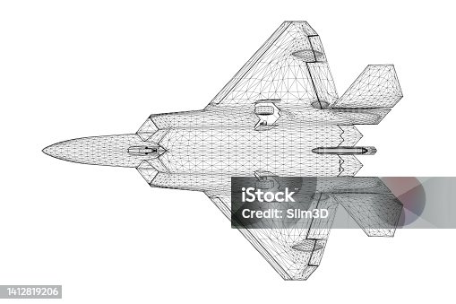 istock Combat fighter jet wireframe from black lines isolated on white background. Bottom view. 3D. Vector illustration. 1412819206