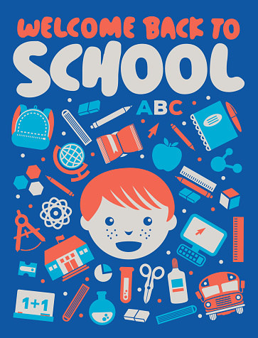 Vector design for Back to School with related icons and symbols. School-related flyer or poster design. Blue background.