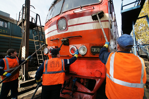 Saint Petersburg-Russia - 16.06.2022: Maintenance and washing of the locomotive at the depot.