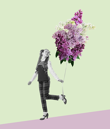Youth. Contemporary art collage. Young girl walking flowers. Concept of vintage and retro design, creativity, imagination, inspiration, artwork and ad
