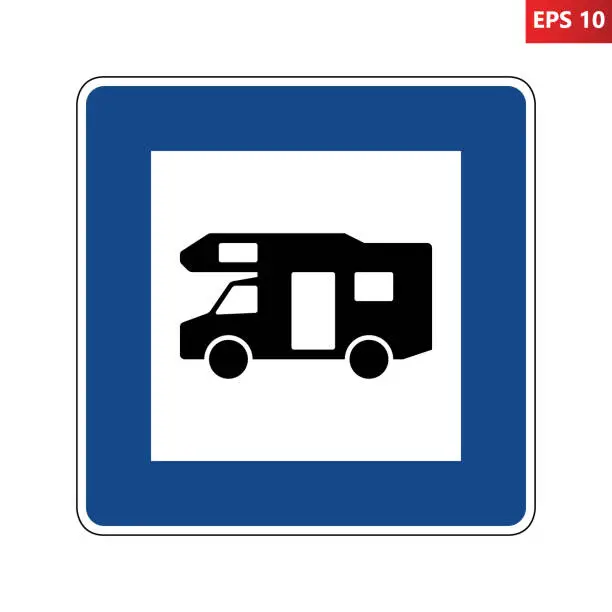 Vector illustration of Motor caravan campsite road sign. Caravan motorhome parking symbol.