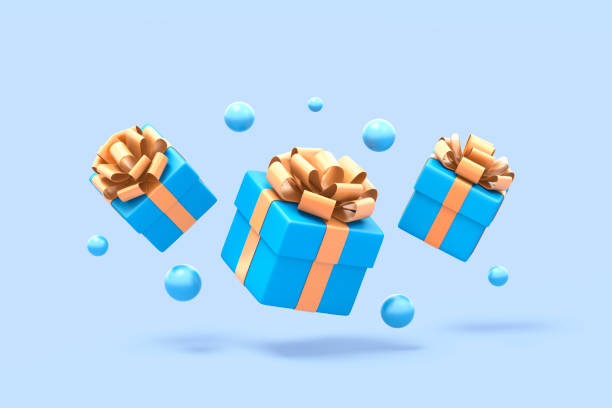 blue gift boxes with golden ribbon - three dimensional shiny business retail imagens e fotografias de stock