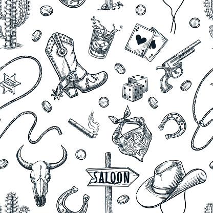 Wild West vintage seamless pattern. Vector hand drawn sketch illustration. Cowboy hat, spur boots, cow skull and gun on white background. Fabric design, wrapping paper or fashion textile print design