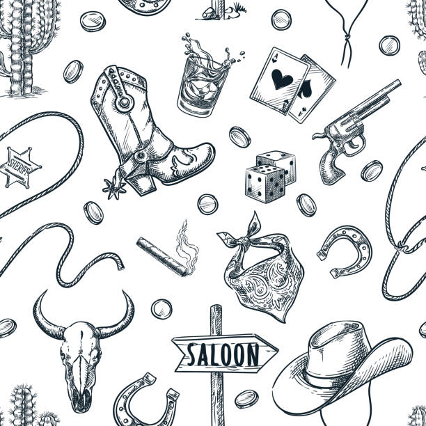 Wild West seamless pattern. Vector hand drawn sketch illustration. Cowboy hat, spur boots, cow skull on white background Wild West vintage seamless pattern. Vector hand drawn sketch illustration. Cowboy hat, spur boots, cow skull and gun on white background. Fabric design, wrapping paper or fashion textile print design rodeo stock illustrations