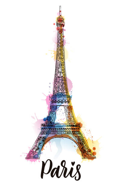 istock Travel to Paris poster greeting card print. Vector sketch illustration of Eiffel Tower on colorful watercolor backgorund 1412823878